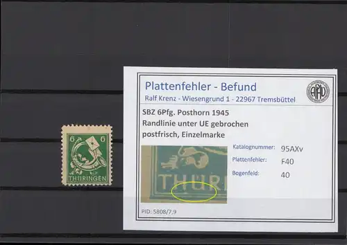SBZ 1945 PLATTENFEHLER Nr 95AXv F40 postfrisch (216675)