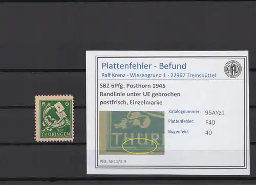 SBZ 1945 PLATTENFEHLER Nr 95AYz1 F40 postfrisch (216678)