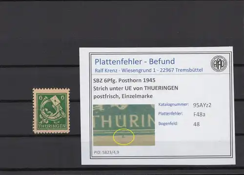SBZ 1945 PLATTENFEHLER Nr 95AYz2 F48a postfrisch (216690)