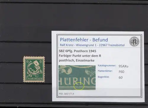 SBZ 1945 PLATTENFEHLER Nr 95AXu F60 postfrisch (216694)