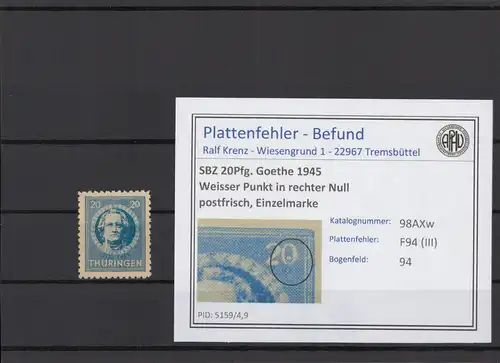 SBZ 1945 PLATTENFEHLER Nr 98AXw III postfrisch (216715)