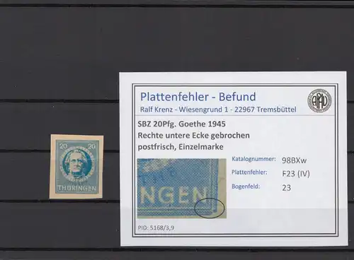 SBZ 1945 PLATTENFEHLER Nr 98BXw IV postfrisch (216722)