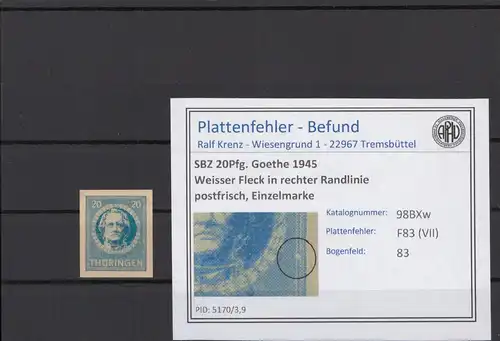 SBZ 1945 PLATTENFEHLER Nr 98BXw VII postfrisch (216724)