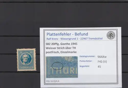 SBZ 1945 PLATTENFEHLER Nr 98AXw V postfrisch (216727)