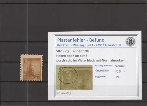 SBZ 1945 PLATTENFEHLER Nr 92AXv I postfrisch (218081)