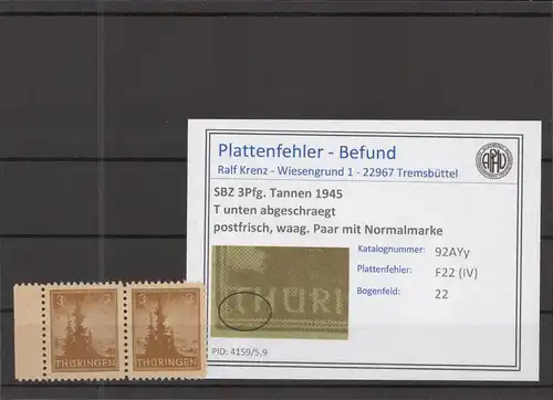 SBZ 1945 PLATTENFEHLER Nr 92AYy IV postfrisch (218095)