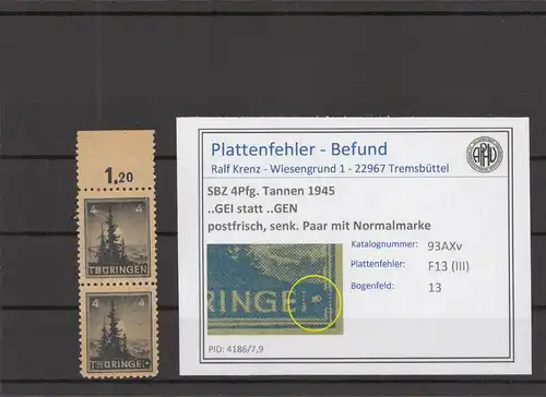 SBZ 1945 PLATTENFEHLER Nr 93AXv III postfrisch (218120)