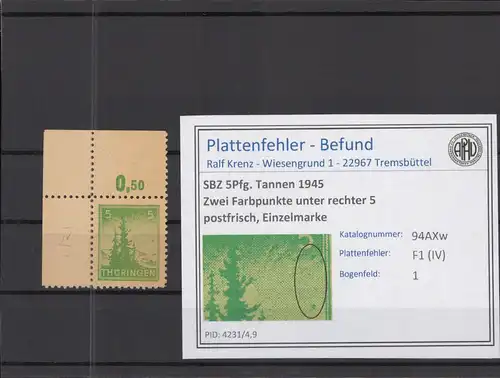 SBZ 1945 PLATTENFEHLER Nr 94AXw IV postfrisch (218164)