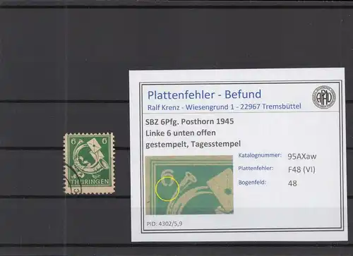 SBZ 1945 PLATTENFEHLER Nr 95AXaw VI gestempelt (218227)
