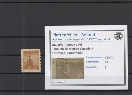 SBZ 1945 PLATTENFEHLER Nr 92AXv F9 postfrisch (218277)