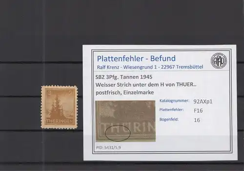 SBZ 1945 PLATTENFEHLER Nr 92AXp1 F16 postfrisch (218279)