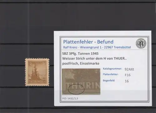 SBZ 1945 PLATTENFEHLER Nr 92AXt F16 postfrisch (218280)
