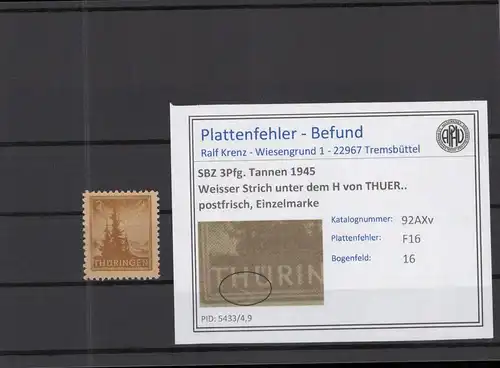 SBZ 1945 PLATTENFEHLER Nr 92AXv F16 postfrisch (218281)