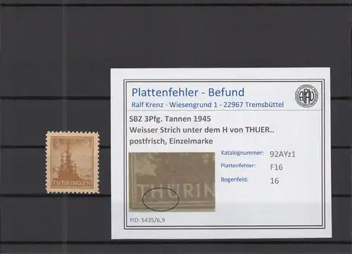 SBZ 1945 PLATTENFEHLER Nr 92AYz1 F16 postfrisch (218283)