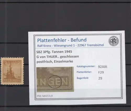 SBZ 1945 PLATTENFEHLER Nr 92AXt F29 postfrisch (218285)