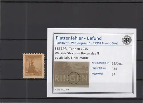 SBZ 1945 PLATTENFEHLER Nr 92AXp1 F34 postfrisch (218289)