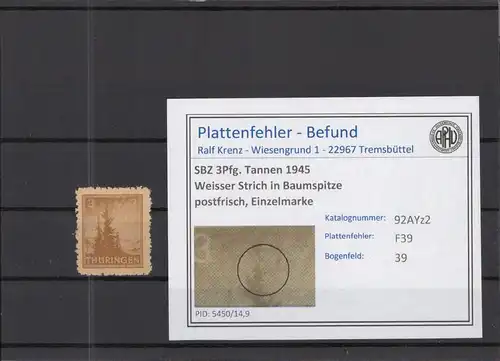 SBZ 1945 PLATTENFEHLER Nr 92AYz2 F39 postfrisch (218298)