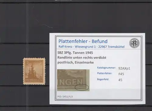 SBZ 1945 PLATTENFEHLER Nr 92AXp1 F45 postfrisch (218299)