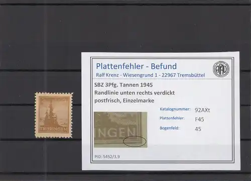 SBZ 1945 PLATTENFEHLER Nr 92AXt F45 postfrisch (218300)