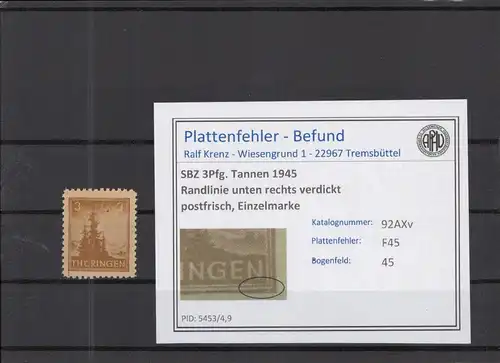 SBZ 1945 PLATTENFEHLER Nr 92AXv F45 postfrisch (218301)