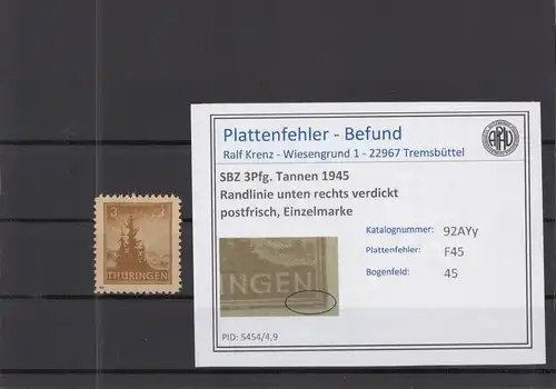 SBZ 1945 PLATTENFEHLER Nr 92AYy F45 postfrisch (218302)