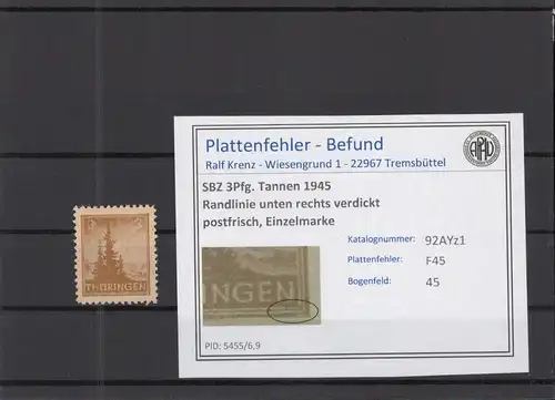 SBZ 1945 PLATTENFEHLER Nr 92AYz1 F45 postfrisch (218303)