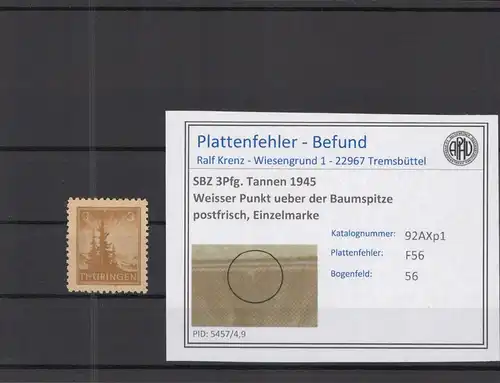 SBZ 1945 PLATTENFEHLER Nr 92AXp1 F56 postfrisch (218305)