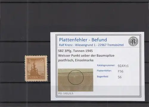 SBZ 1945 PLATTENFEHLER Nr 92AYz1 F56 postfrisch (218309)