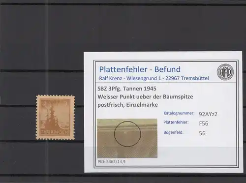 SBZ 1945 PLATTENFEHLER Nr 92AYz2 F56 postfrisch (218310)