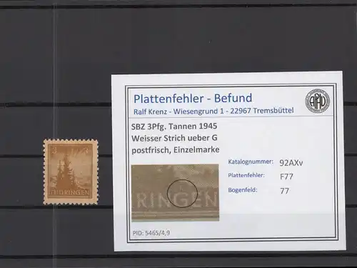 SBZ 1945 PLATTENFEHLER Nr 92AXv F77 postfrisch (218313)
