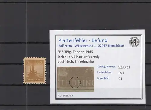 SBZ 1945 PLATTENFEHLER Nr 92AXp1 F91 postfrisch (218316)