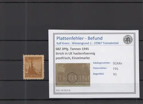 SBZ 1945 PLATTENFEHLER Nr 92AXv F91 postfrisch (218318)