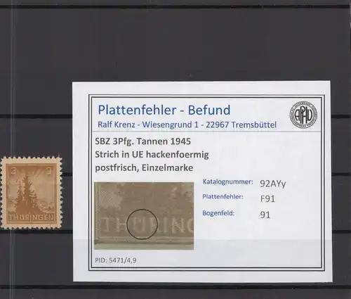 SBZ 1945 PLATTENFEHLER Nr 92AYy F91 postfrisch (218319)