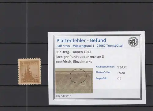 SBZ 1945 PLATTENFEHLER Nr 92AXt F92a postfrisch (218321)