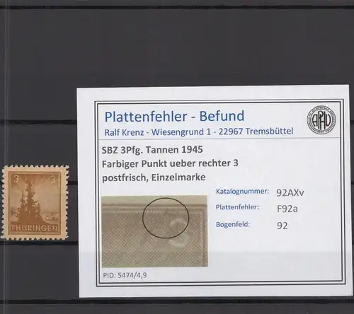 SBZ 1945 PLATTENFEHLER Nr 92AXv F92a postfrisch (218322)