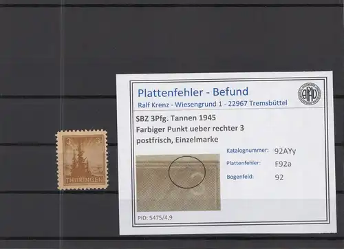 SBZ 1945 PLATTENFEHLER Nr 92AYy F92a postfrisch (218323)