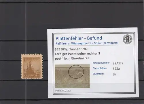 SBZ 1945 PLATTENFEHLER Nr 92AYz2 F92a postfrisch (218325)