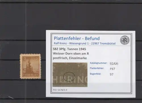 SBZ 1945 PLATTENFEHLER Nr 92AXt F97 postfrisch (218326)