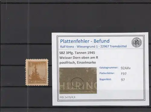 SBZ 1945 PLATTENFEHLER Nr 92AXv F97 postfrisch (218327)