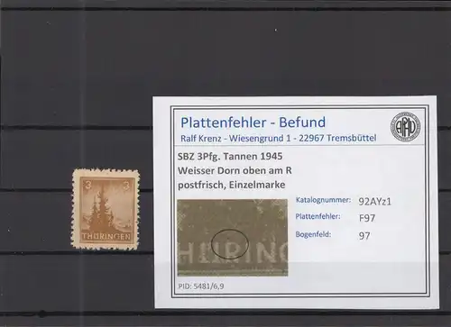 SBZ 1945 PLATTENFEHLER Nr 92AYz1 F97 postfrisch (218329)