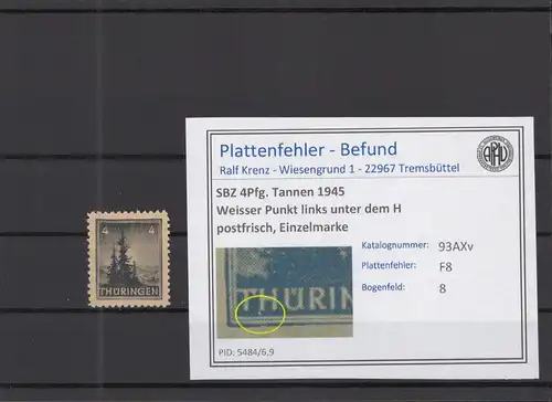 SBZ 1945 PLATTENFEHLER Nr 93AXv F8 postfrisch (218332)