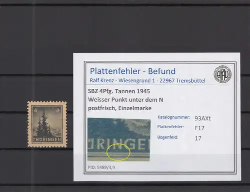 SBZ 1945 PLATTENFEHLER Nr 93AXt F17 postfrisch (218337)