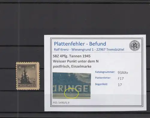 SBZ 1945 PLATTENFEHLER Nr 93AXv F17 postfrisch (218338)