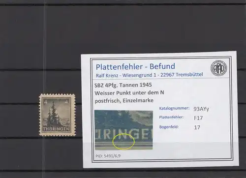 SBZ 1945 PLATTENFEHLER Nr 93AYy F17 postfrisch (218339)
