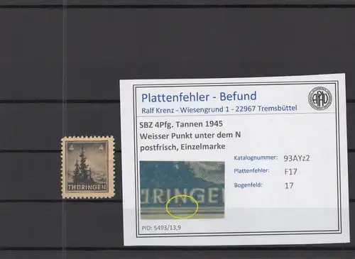 SBZ 1945 PLATTENFEHLER Nr 93AYz2 F17 postfrisch (218341)