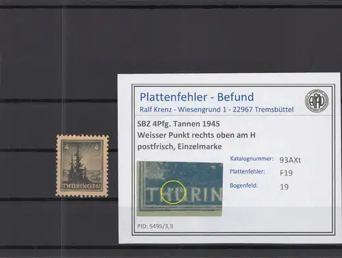 SBZ 1945 PLATTENFEHLER Nr 93AXt F19 postfrisch (218343)