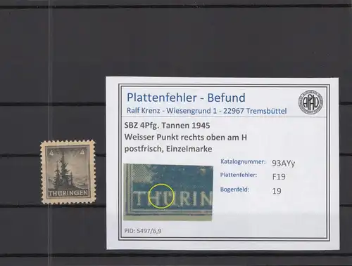 SBZ 1945 PLATTENFEHLER Nr 93AYy F19 postfrisch (218345)