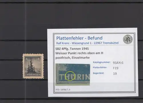 SBZ 1945 PLATTENFEHLER Nr 93AYz1 F19 postfrisch (218346)