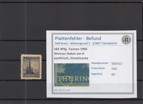 SBZ 1945 PLATTENFEHLER Nr 93AYz2 F69 postfrisch (218359)