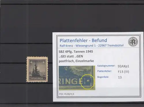 SBZ 1945 PLATTENFEHLER Nr 93AXp1 III postfrisch (218368)